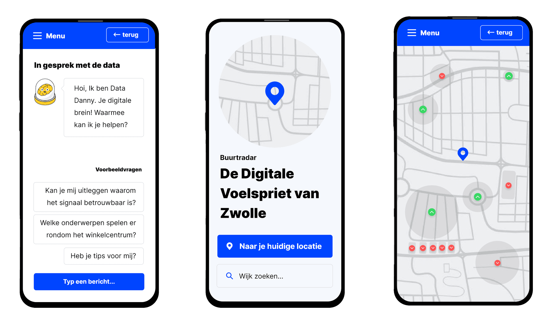 Drie schermen van een mobiele applicatie voor vroegsignalering in de wijk. Links een chatfunctie waarin gebruikers vragen kunnen stellen aan een AI-assistent over wijkdata, in het midden een buurtradar met kaart en zoekfunctie, en rechts een kaartweergave met signalen en locaties in de wijk.